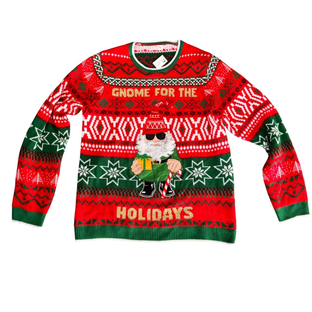 VTG Holiday‎ Time Gnome For The Holidays Textured Ugly Christmas Sweater Mens L